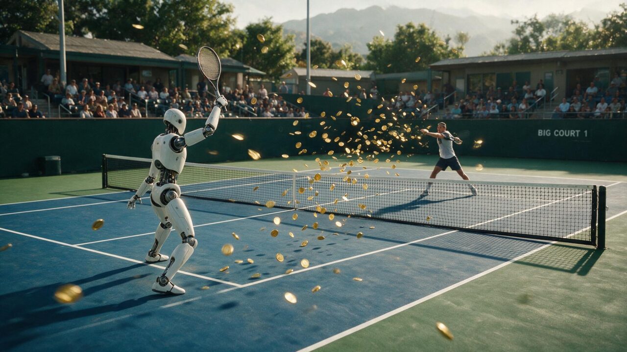 Robo e humano jogando tenis com moedas