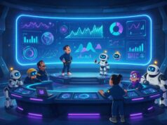 Preço do DeepSeek atualizado, tabela comparativa de provedores Robôs e humanos observando um dashboard de preços em estilo cartoon cyberpunk