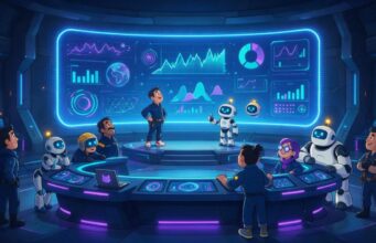 Preço do DeepSeek atualizado, tabela comparativa de provedores Robôs e humanos observando um dashboard de preços em estilo cartoon cyberpunk