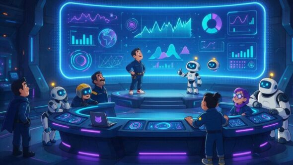 Robôs e humanos observando um dashboard de preços em estilo cartoon cyberpunk