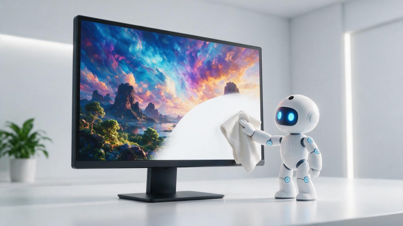 Robô limpando a tela de um monitor, representando a remoção da marca d'água visível do Gemini