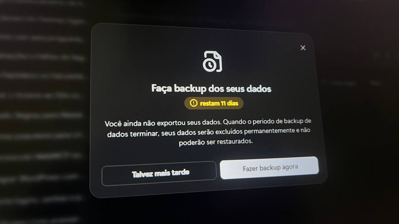 Aviso da Manus pedindo backup dos dados antes da exclusão
