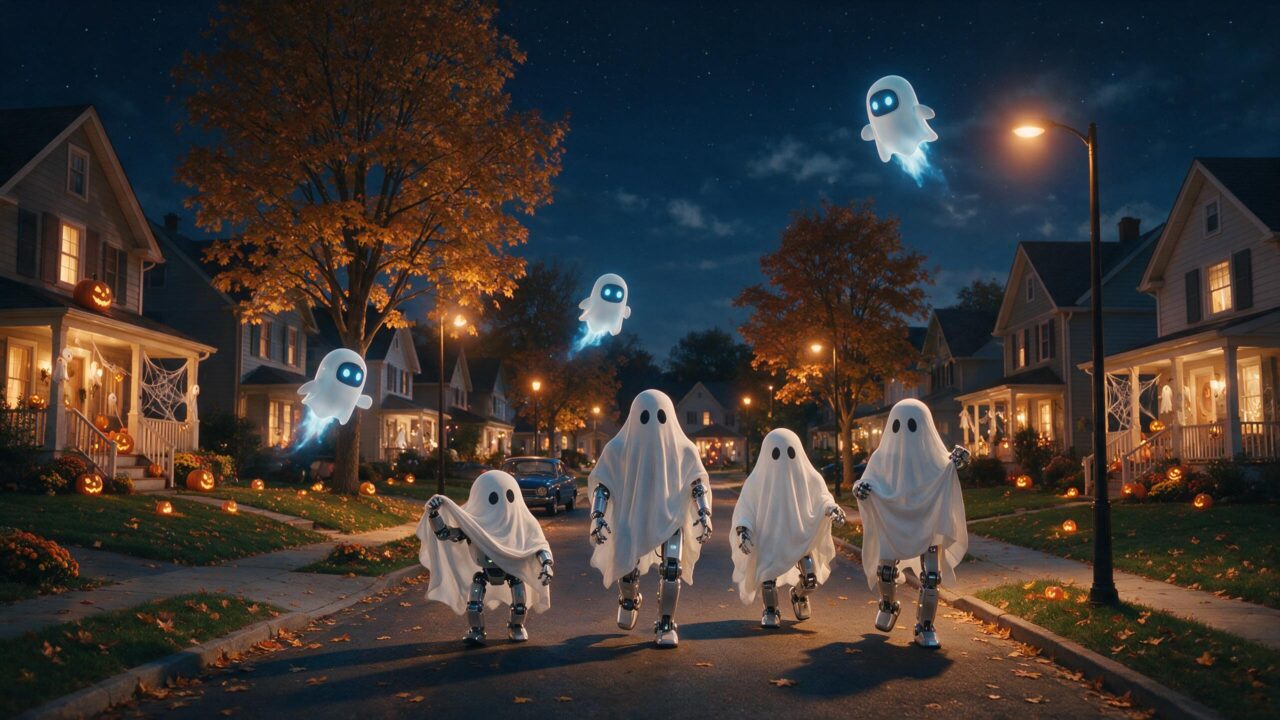Robôs vestidos de fantasma em ilustração cartoon