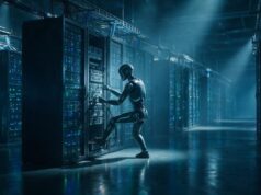 Antes de investir em IA local, alugue uma GPU na nuvem Robô esguio em data center com servidores e LEDs