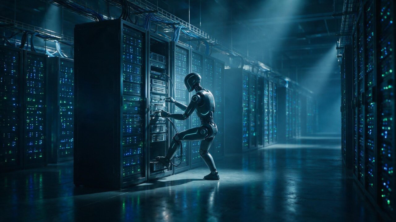 Robô esguio em data center com servidores e LEDs