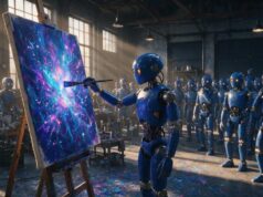 DeepSeek lança V4-Flash-Vision-Exp e entra na disputa de visão Robô azul pintando uma imagem enquanto outros robôs observam