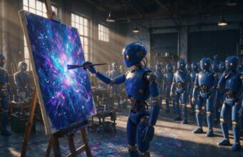 DeepSeek lança V4-Flash-Vision-Exp e entra na disputa de visão Robô azul pintando uma imagem enquanto outros robôs observam