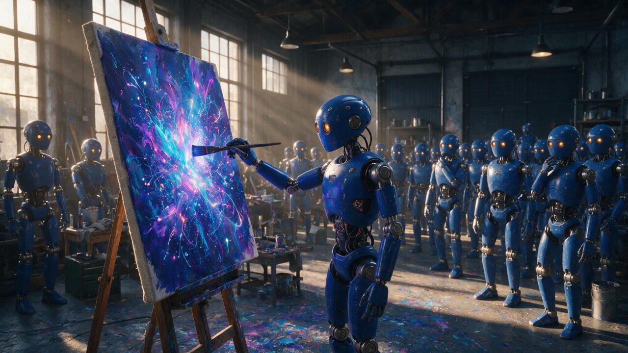 Robô azul pintando uma imagem enquanto outros robôs observam