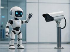 UniFace junta reconhecimento, rastreamento e privacidade facial Robô acenando para uma câmera de segurança em ambiente tecnológico