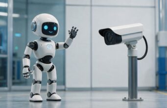 UniFace junta reconhecimento, rastreamento e privacidade facial Robô acenando para uma câmera de segurança em ambiente tecnológico