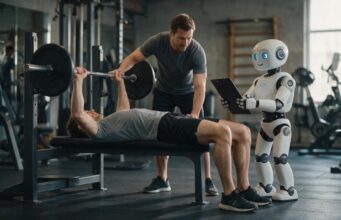 OpenGym: Servidor Opensource dos seus treinos Homem fazendo supino com acompanhamento de personal e robô com prancheta