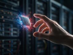 Nvidia quer ser a plataforma dos modelos chineses de IA abertos Mão humana tocando chip holográfico de IA