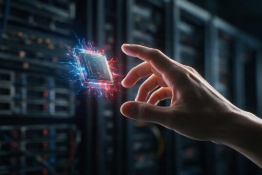 Nvidia quer ser a plataforma dos modelos chineses de IA abertos Mão humana tocando chip holográfico de IA