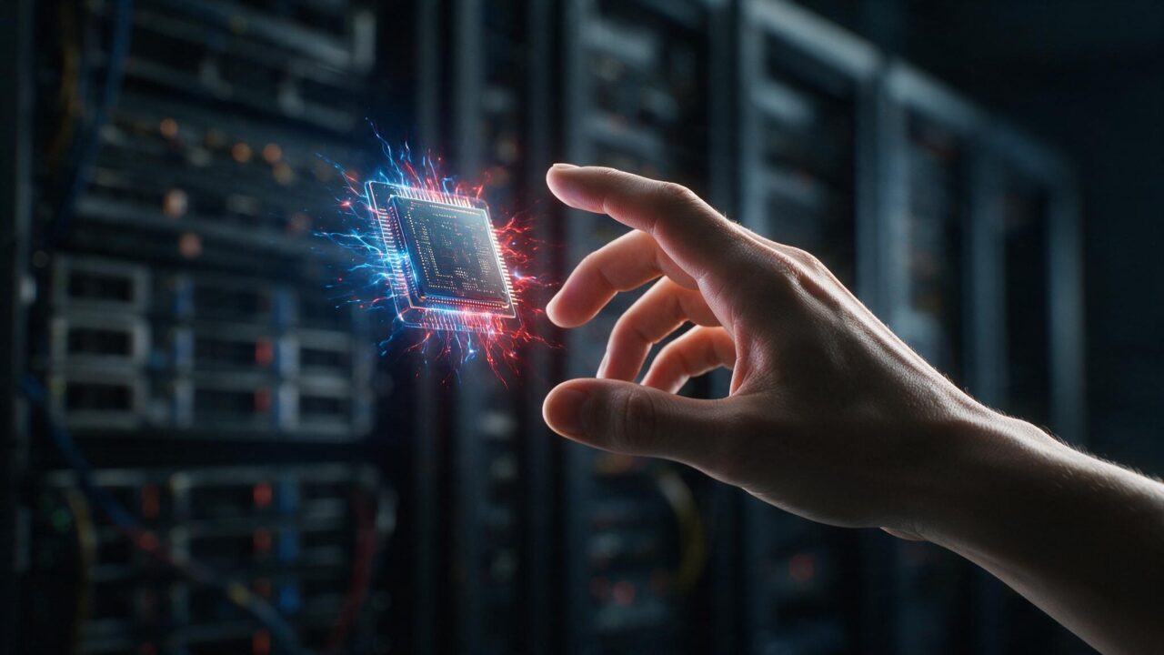 Mão humana tocando chip holográfico de IA