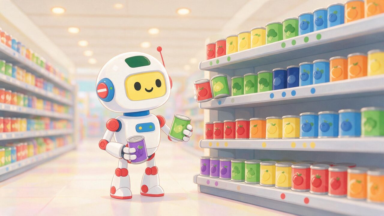 Robô com as cores do Google organizando latas em prateleira de supermercado