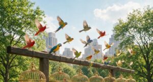 Passarinhos libertos de gaiolas em parque urbano
