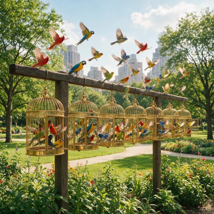 Passarinhos libertos de gaiolas em parque urbano