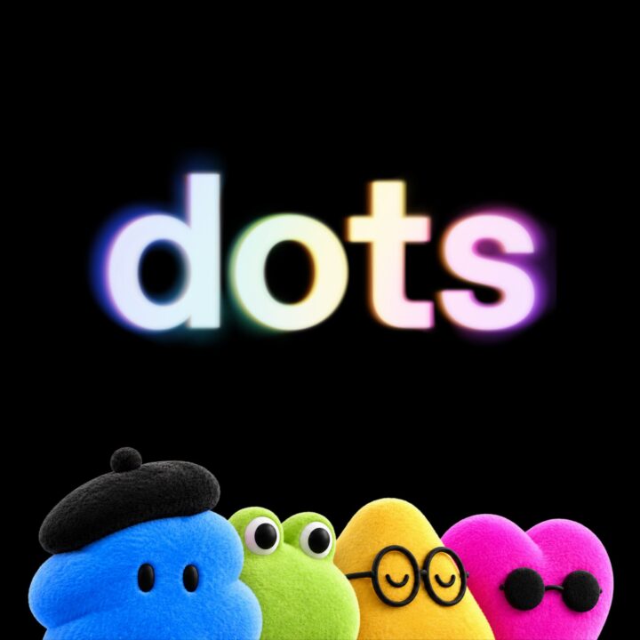 Arte oficial com a palavra dots em letras neon e quatro personagens coloridos: azul de boina, verde, amarelo de óculos e rosa de óculos escuros