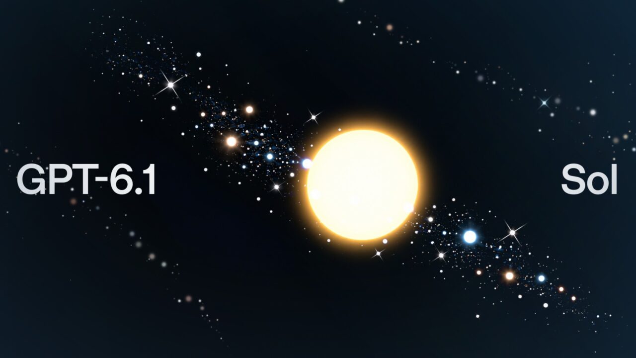 Ilustração de espaço estrelado com uma estrela brilhante ao centro, o texto GPT-6.1 à esquerda e Sol à direita