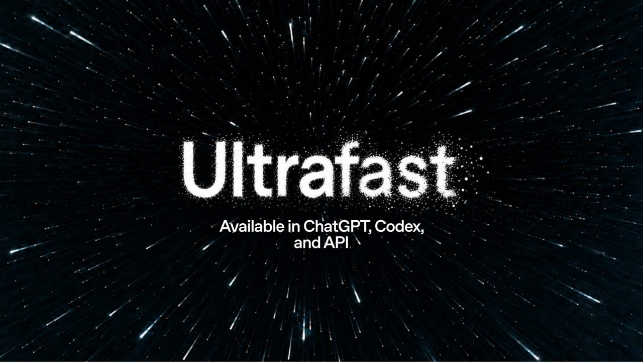 Fundo preto com linhas radiais de velocidade, o texto Ultrafast em branco e a linha Available in ChatGPT Codex, and API