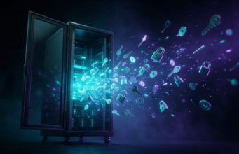 GitLab corrige falha máxima e pede atualização imediata Ilustração de um rack de servidores com a porta arrombada liberando chaves, cadeados e tokens de credenciais
