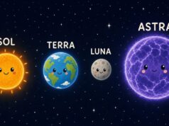 Ilustração dos astros Sol, Terra, Lua e Astra