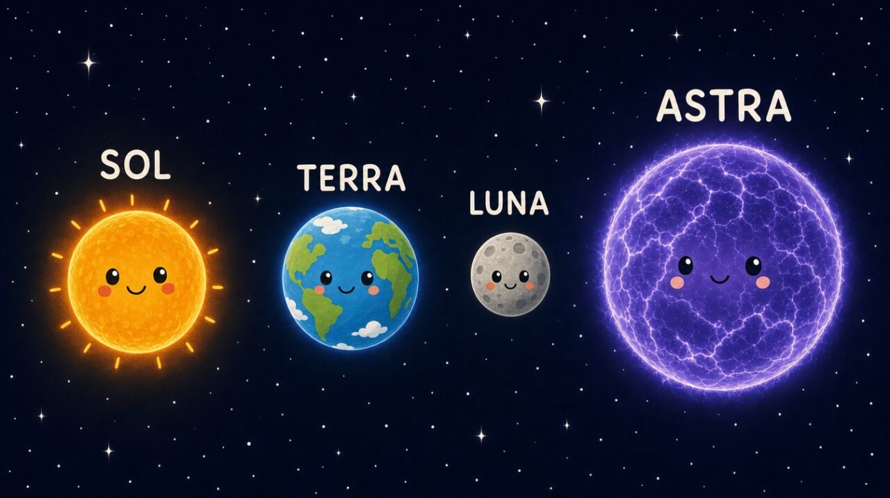Ilustração dos astros Sol, Terra, Lua e Astra