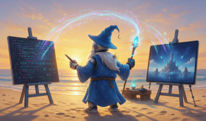 HyperFrames: framework open source transforma HTML em vídeo Robô vestido de mago converte código HTML em vídeo na praia