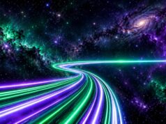 Linhas de luz coloridas formando uma estrada futurista em direção a uma galáxia espiral no espaço