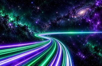 MCP do WhatsApp Business: ferramenta oficial da Meta Linhas de luz coloridas formando uma estrada futurista em direção a uma galáxia espiral no espaço