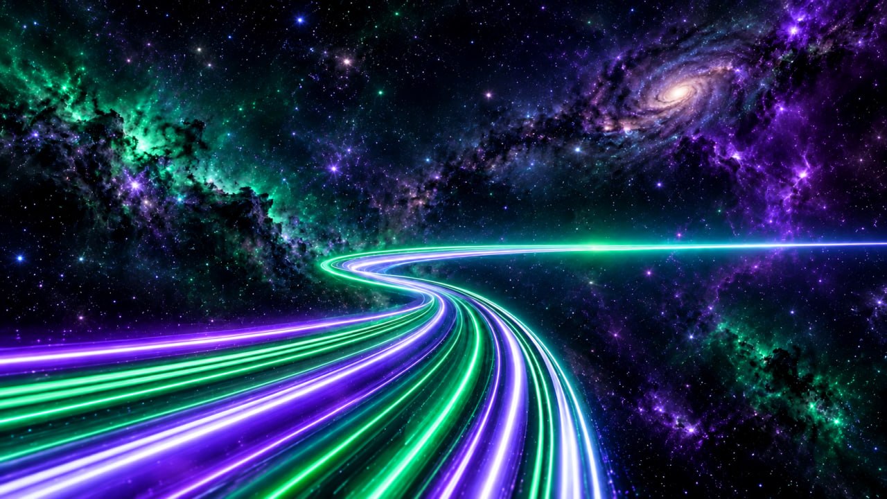 Linhas de luz coloridas formando uma estrada futurista em direção a uma galáxia espiral no espaço