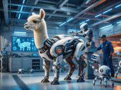 LLaMA Factory cria seu modelo de IA? Entenda o fine-tuning Lhama robótica sendo ajustada por robôs em um pit stop futurista, representando o fine-tuning no LLaMA Factory