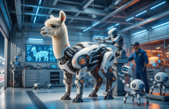 LLaMA Factory cria seu modelo de IA? Entenda o fine-tuning Lhama robótica sendo ajustada por robôs em um pit stop futurista, representando o fine-tuning no LLaMA Factory