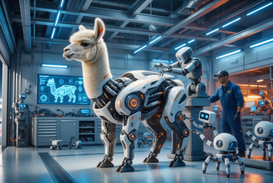Lhama robótica sendo ajustada por robôs em um pit stop futurista, representando o fine-tuning no LLaMA Factory