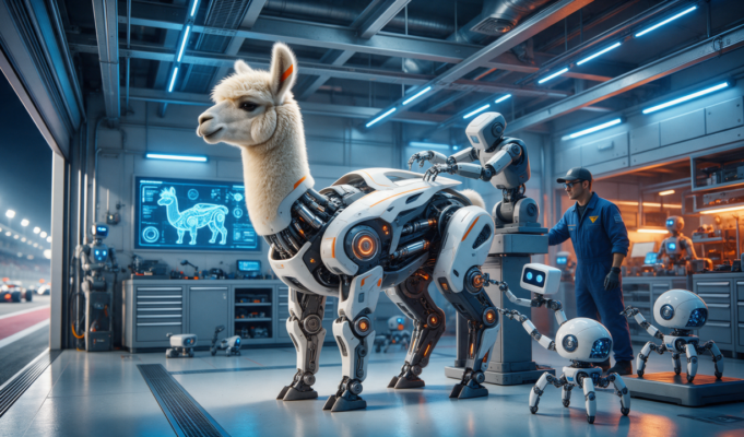 LLaMA Factory cria seu modelo de IA? Entenda o fine-tuning Lhama robótica sendo ajustada por robôs em um pit stop futurista, representando o fine-tuning no LLaMA Factory