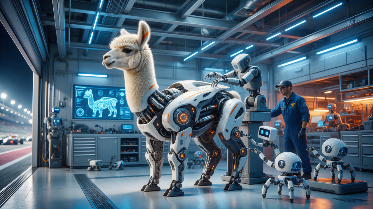 Lhama robótica sendo ajustada por robôs em um pit stop futurista, representando o fine-tuning no LLaMA Factory