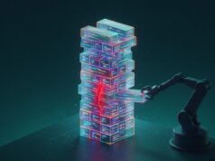 Necessist: auditoria de testes open source com IA Braço robótico removendo um bloco de código de uma torre que continua em pé, com uma rachadura vermelha visível no interior