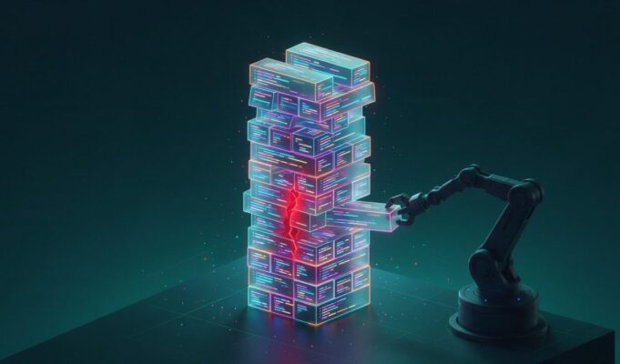 Necessist: auditoria de testes open source com IA Braço robótico removendo um bloco de código de uma torre que continua em pé, com uma rachadura vermelha visível no interior