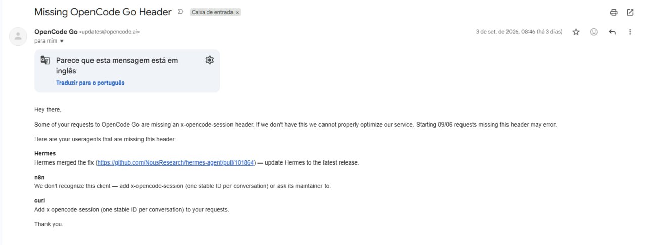 Captura do e-mail da OpenCode Go sobre o cabeçalho x-opencode-session