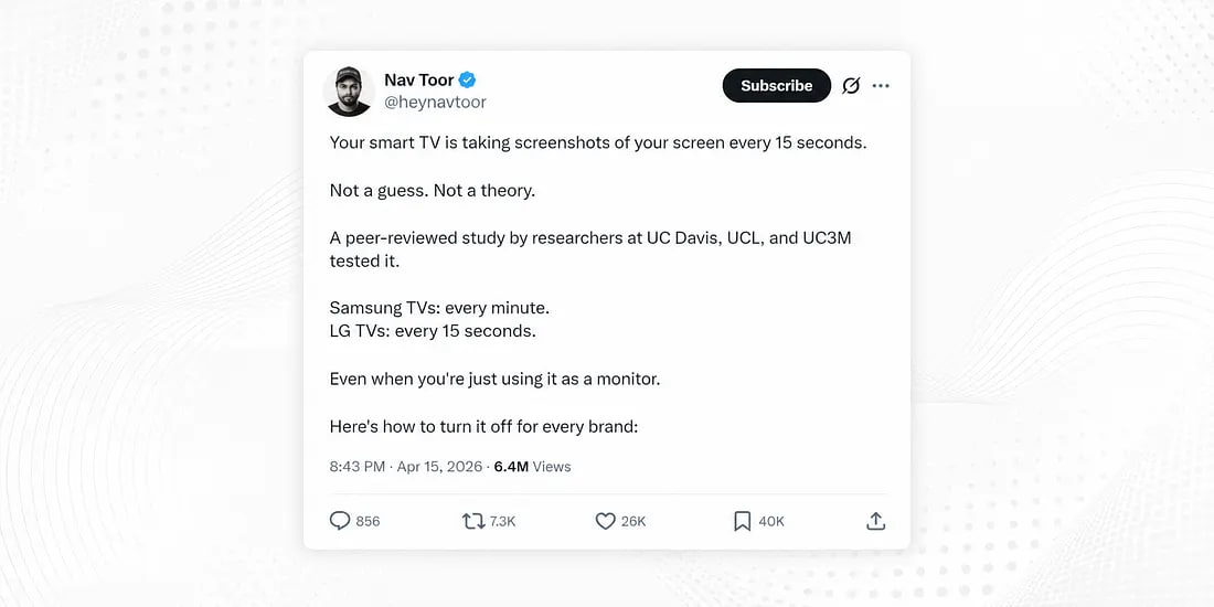 Publicação pública de Nav Toor sobre screenshots periódicos em Smart TVs