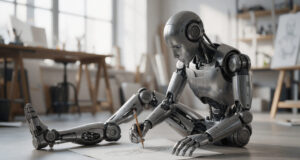 Robô humanoide de metal sentado no chão de um estúdio, desenhando a própria perna mecânica com um lápis em uma folha de papel