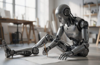Referências de design: um site para cada parte da página Robô humanoide de metal sentado no chão de um estúdio, desenhando a própria perna mecânica com um lápis em uma folha de papel