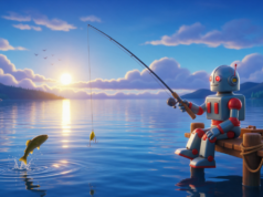 Google inicia atualização de spam de setembro: o que revisar Robô azul com detalhes vermelhos pescando em um píer sobre um lago, com sol amarelo refletindo na água