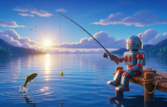 Robô azul com detalhes vermelhos pescando em um píer sobre um lago, com sol amarelo refletindo na água