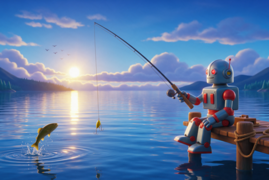 Robô azul com detalhes vermelhos pescando em um píer sobre um lago, com sol amarelo refletindo na água