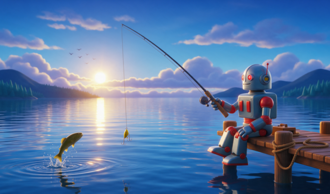 Google inicia atualização de spam de setembro: o que revisar Robô azul com detalhes vermelhos pescando em um píer sobre um lago, com sol amarelo refletindo na água
