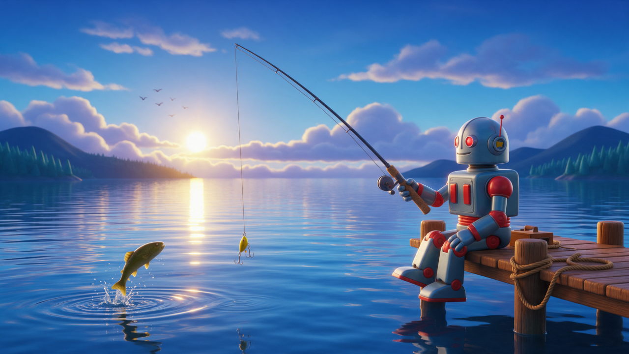 Robô azul com detalhes vermelhos pescando em um píer sobre um lago, com sol amarelo refletindo na água