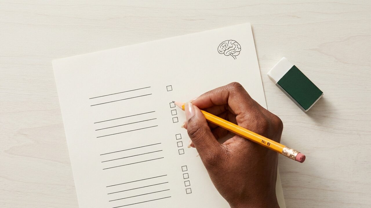 Mão feminina de pele negra clara segura lápis amarelo sobre prova minimalista com desenho de cérebro e borracha branca com capa verde escuro