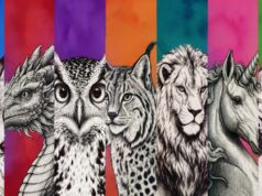 ArtCraft: com clone do Photoshop e mais da Adobe Ilustração em sete colunas verticais com os aplicativos do ArtCraft representados por animais desenhados em traço de gravura preto e branco sobre fundos coloridos: raposa, dragão, coruja, lince, leão, unicórnio e gato.