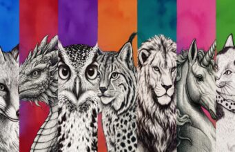 Ilustração em sete colunas verticais com os aplicativos do ArtCraft representados por animais desenhados em traço de gravura preto e branco sobre fundos coloridos: raposa, dragão, coruja, lince, leão, unicórnio e gato.